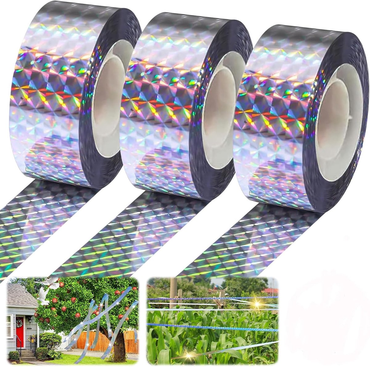 3 rollen - Vogelwerende tape – Vogelwerende tape – Vogelwerende tape – Diervriendelijk – Reflecterende vogelwerende tape - Geschikt voor het beschermen van tuinen, terrassen en planten - 80 meter x 2,4 centimeter - Zilver