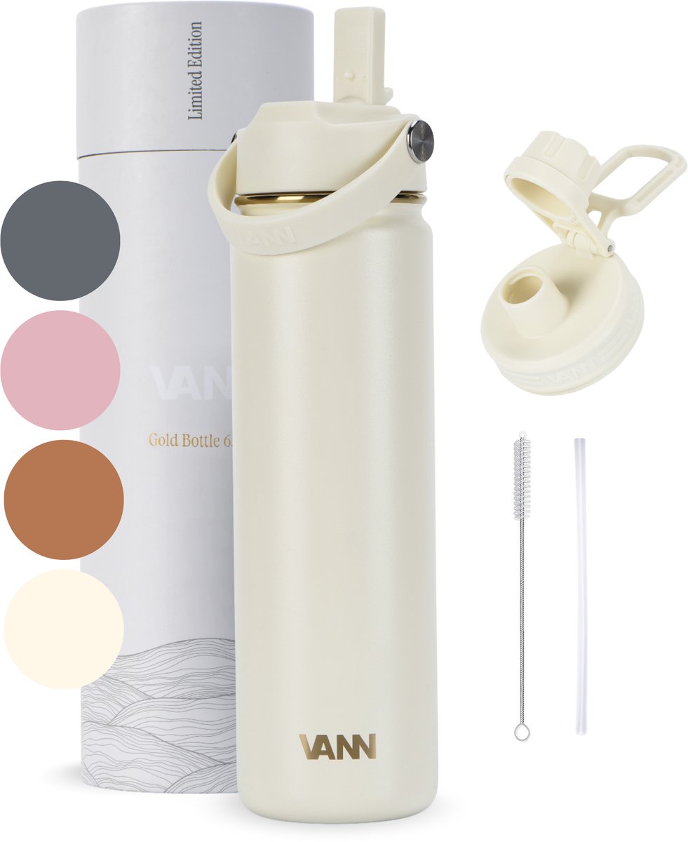 VANN® RVS Drinkfles 650 ML met rietje voor volwassenen – 3-Wandig – Met 2 doppen – Thermosfles – 12 uur warm/24 uur koud – Cadeau voor man en vrouw – VANN Gold Botte Ivory