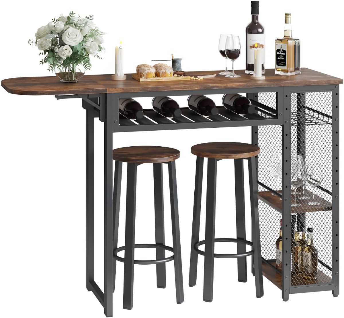 NIVA® Bartafel - Keukentafel - Bartafelset - Zwart en Bruin - 140cm x 40cm x 91cm