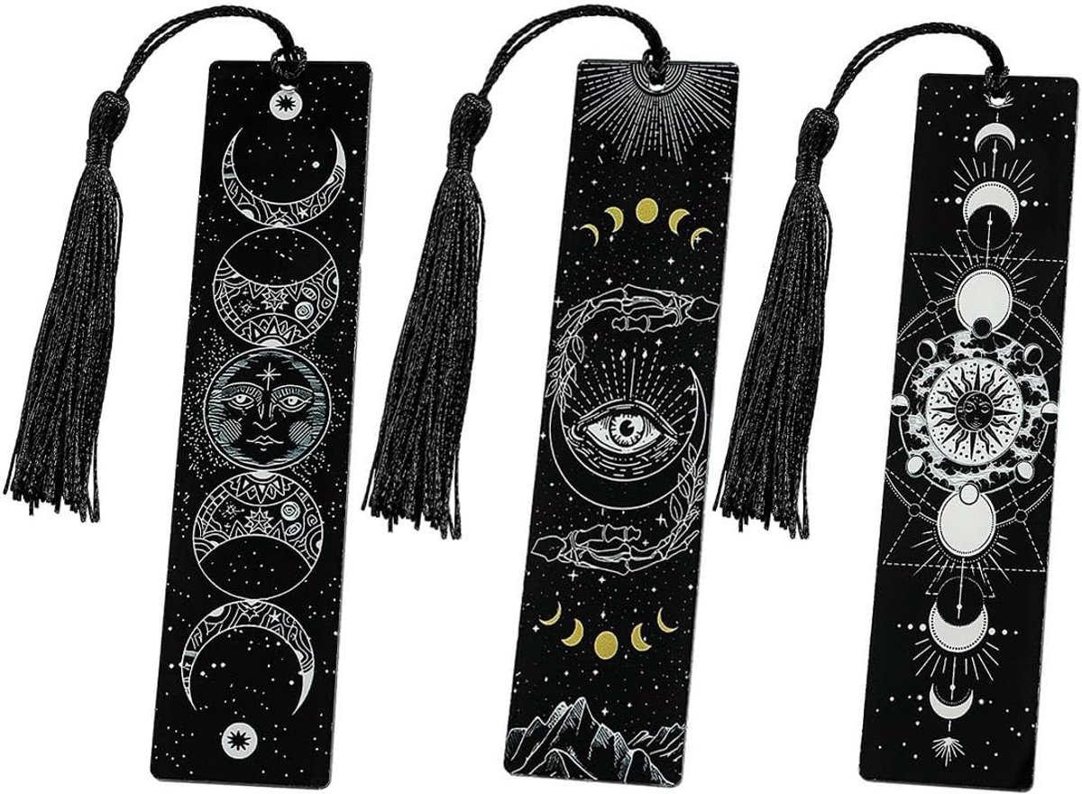 Grappige boekentekens voor boekenliefhebbers - Unieke boekenleggers voor verjaardag, tarot en horrorgeschenken - 3 stuks in zwart
