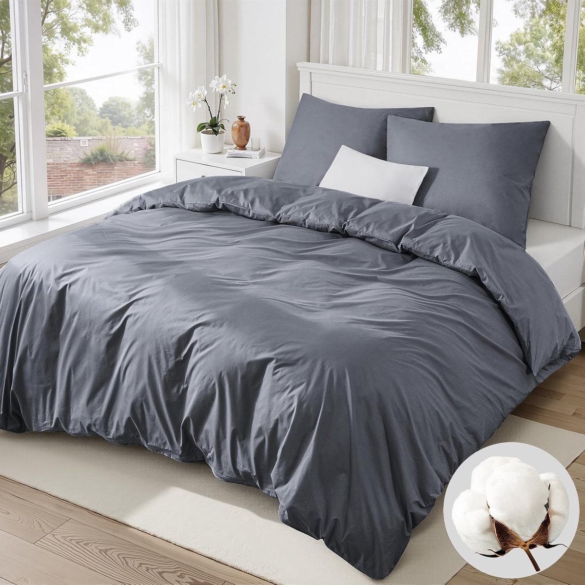 SnelShoppen - Bedlinnen 135x200 Grijs Katoen - 2-delige Bedset met 1 Kussensloop 80x80cm - Eco-Tex 100% Katoen Anthraciet met Rits