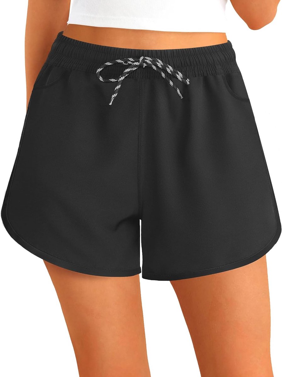 Shorts voor dames, korte zwembroek, strand, watersport, shorts, boardshorts, uv-bescherming, zomershorts Puur Zwart WK092 XL