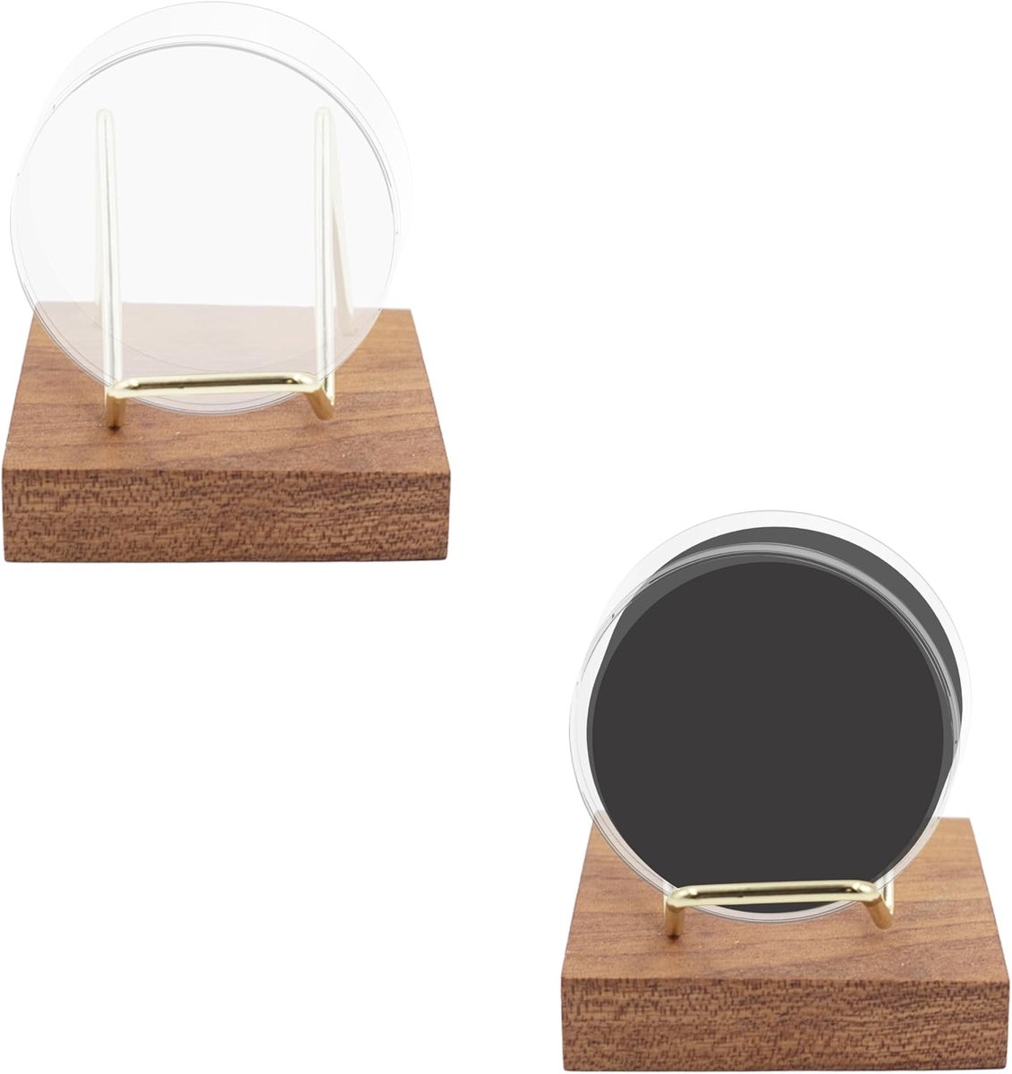 2 stuks hockey puck vitrine met houten sokkel, helder acryl vitrine