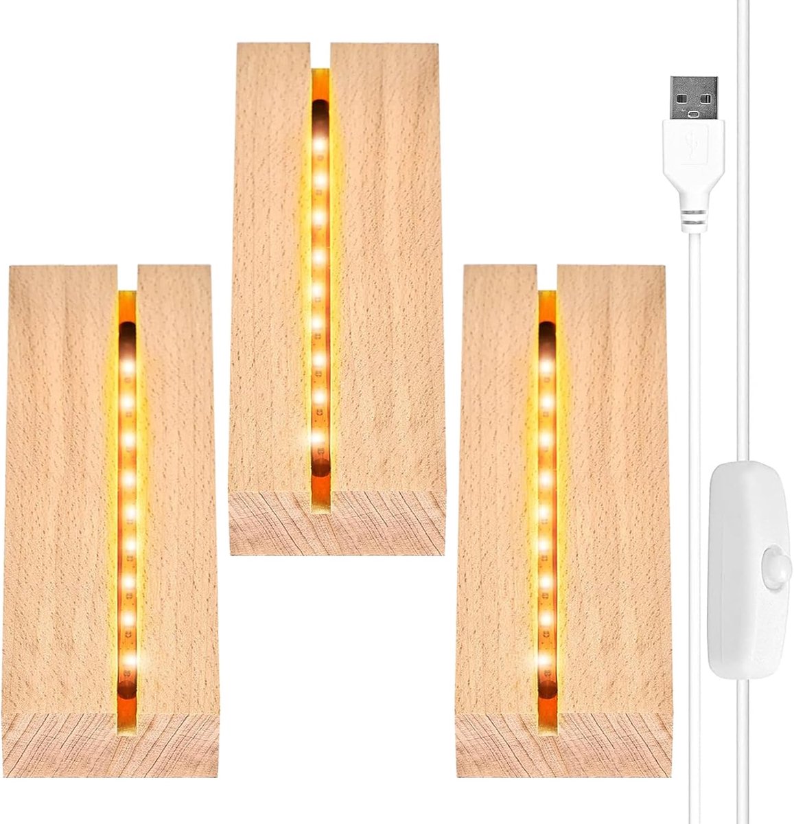Led-Sokkel Set - 3 Stuks Houten Verlichtingsbasis, Rechthoekige Lampvoet Met USB-Schakelaar Voor Acrylplaat en Kristalglas