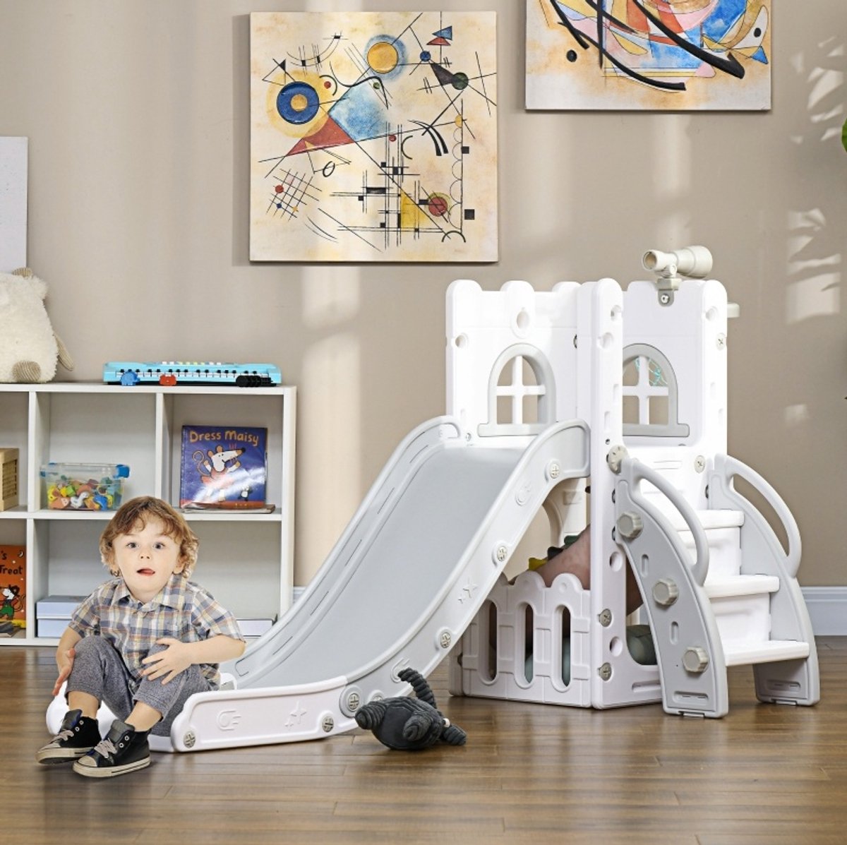 COVREO Kinderrutsche 70 x 177 x 92 cm, grijs, kunststof, 5-in-1 met basketbalring