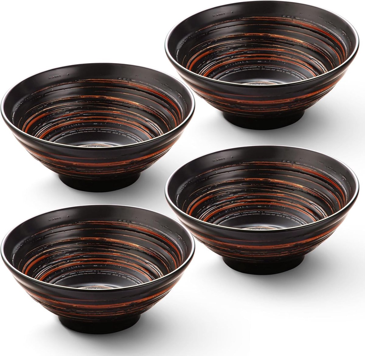 Set van 4 Grote Keramische Ramen Kommen - Japanse Stijl Serveerkommen voor Salade, Udon, Soba, Pho en Pasta (Zwart)