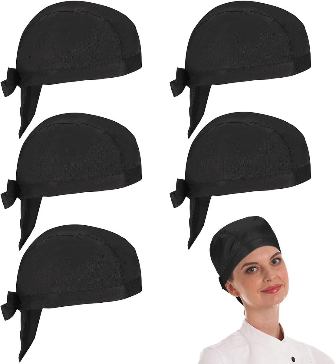5 stuks zwarte kookmuts bandana - kok hoofddeksel keukenmuts verstelbare kooksmuts piratenmuts van katoen polyhoofddeksel voor unisex koken, zwart, L