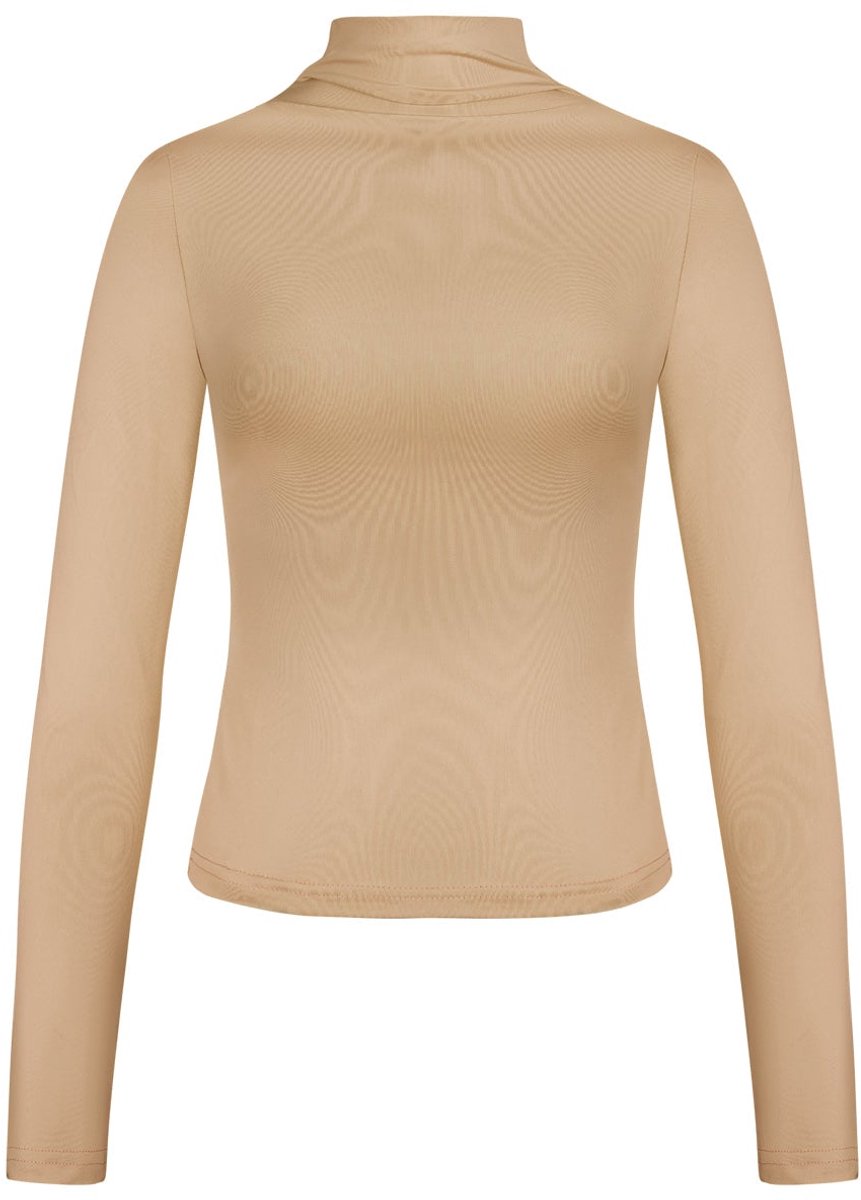 Beige Coltrui Ribbels - Polyester Vrouwen Trui - Lange Mouw Top Ribbel Hoge Kraag - Maat M - Beige