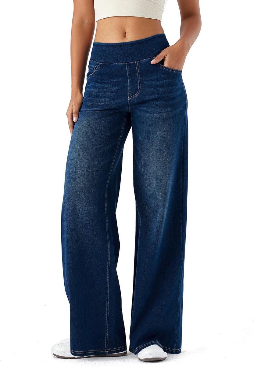 Dames Jeans Broek met Wijde Pijpen,Baggy Denim Broek hoge taille en