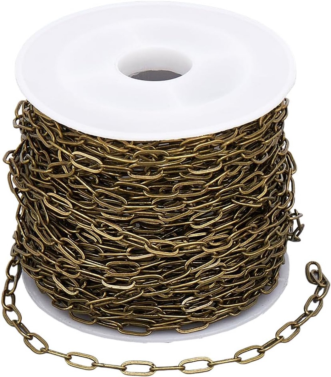 10M/3,28 Meter Messing Paperclip Ketting Kabelschakel Ketting met Spoel Antiek Brons Paperclip 6mm Getrokken Afgeplatte Ovale Gelast Rol Connector Ketting voor Sieraden Maken Halsketting