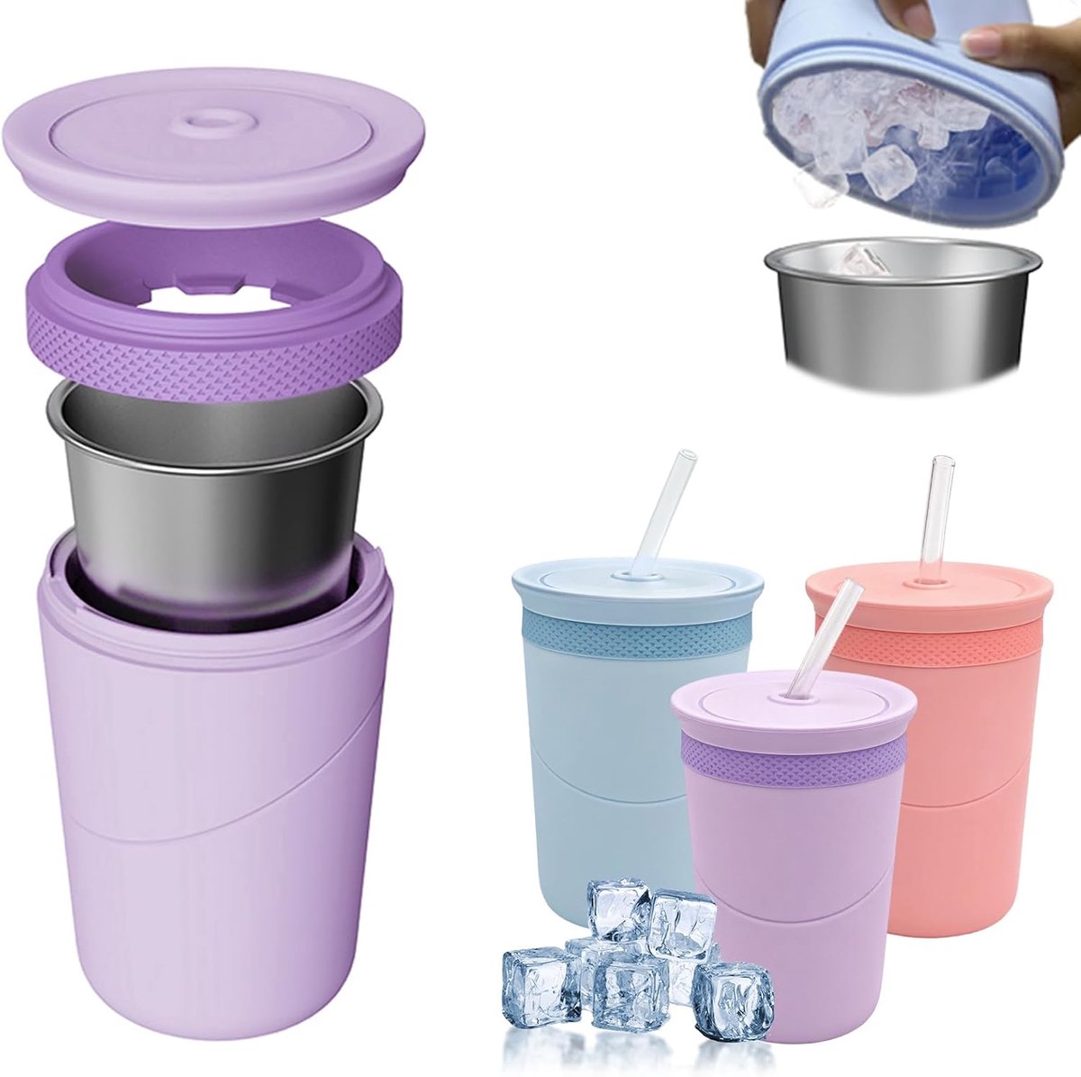Beker met roestvrijstalen beker en deksel, dubbelwandige isolatiebeker met 2-in-1 rietje, BPA-vrij, herbruikbaar, voor slush-ijs, camping en kantoor, 450 ml (paars)