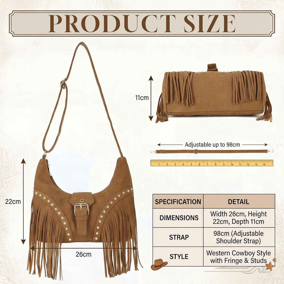 Dames suède franjes tas boho schoudertas met klinknagels & gesp retro western kwastje schoudertas voor festival, concert, reizen en dagelijks gebruik, bruin