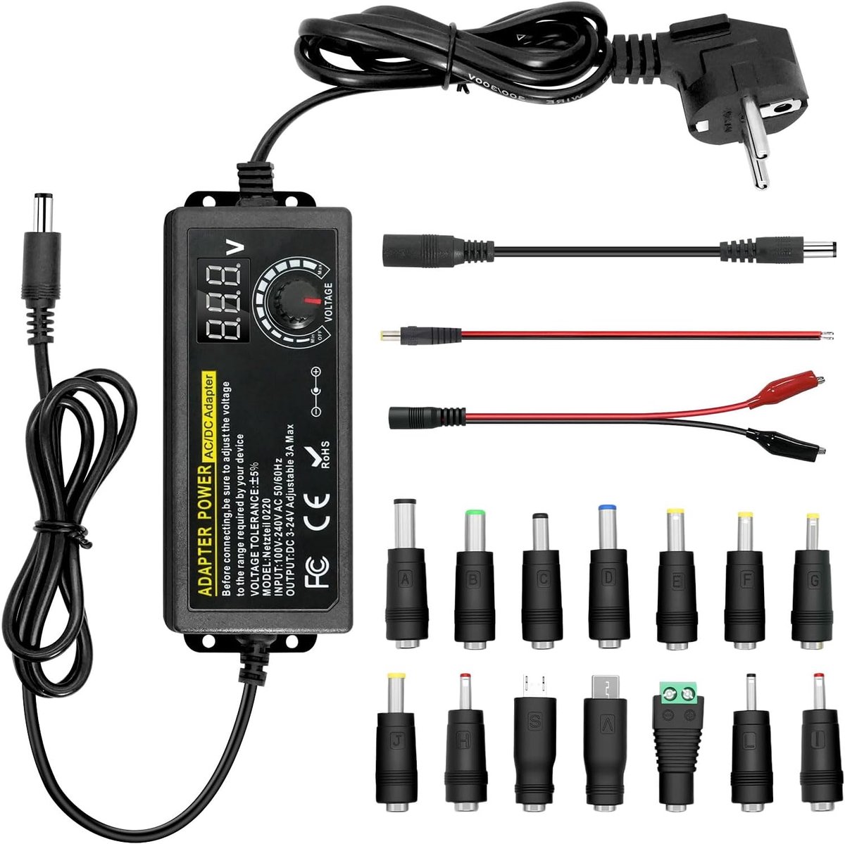 3 V-24 V 3 A 96 W instelbare voeding, universele voedingsadapter, verstelbare voedingsadapter, 100 V-240 V AC naar DC met led-spanningsindicator en 14 tips voor huishoudelijke elektronica