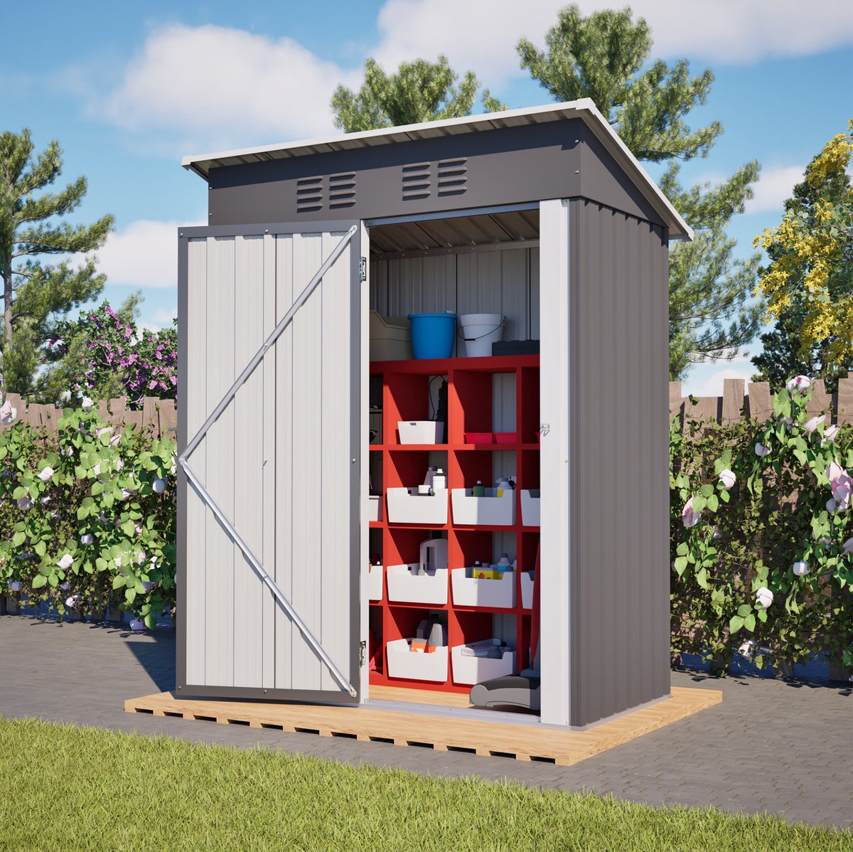 Tuinhuis Gereedschapsschuur – Vergrendelbare Deur – 152x84x182 cm – Staal – Grijs – Plat Dak – Zonder Ramen