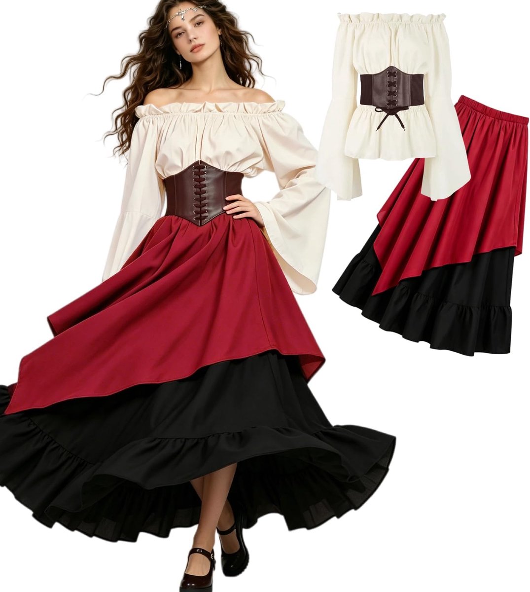 kleding voor dames, set van 5 stuks, retro off-shoulder blouse, jurk