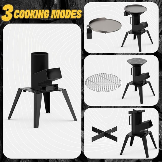 Rocket Stove met Grillplaat, Grillrooster en Pannenrooster, Draagbare Houtgestookte Campingkachel, 3 en 1 Multi-Function BBQ Grillen Campinggrill, Kooktoestel, Houtkachel — afbeelding 2