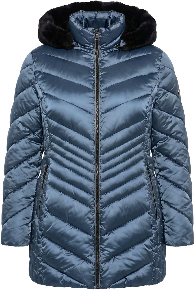 Ulla Popken - Dames - HYPRAR gewatteerd jack lederlook biezen 2-weg rits - Mat jeansblauw - Maat 42+