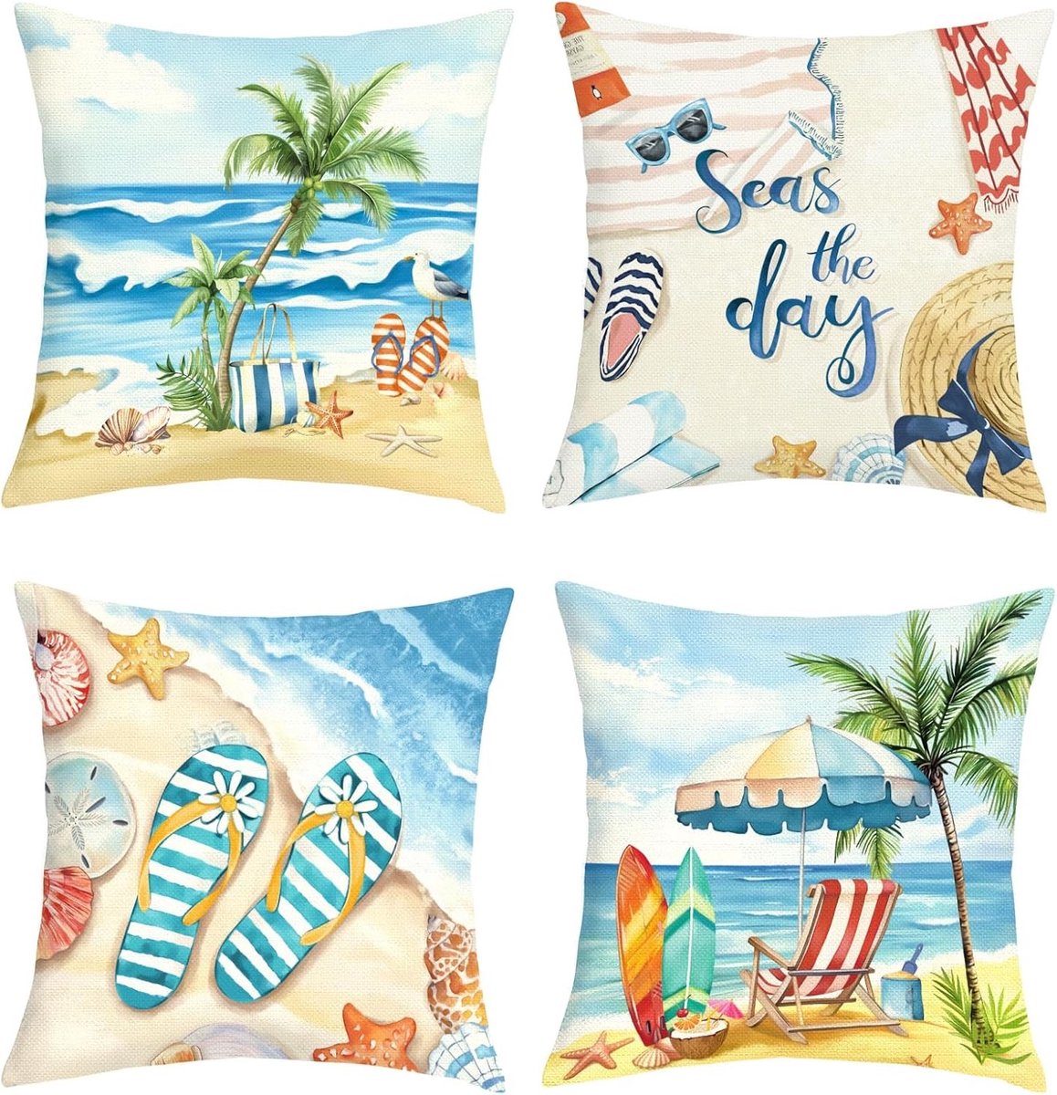 Set van 4 Kussenslopen 45x45cm met Palmboom en Sterrenbeeld voor Strandthema Decoratie, Perfect voor Sofa en Woonkamer