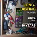 Lade met gereedschap en golfballen. Verpakking met 10 GP Extra CR2032 batterijen. "LONG-LASTING POWER".