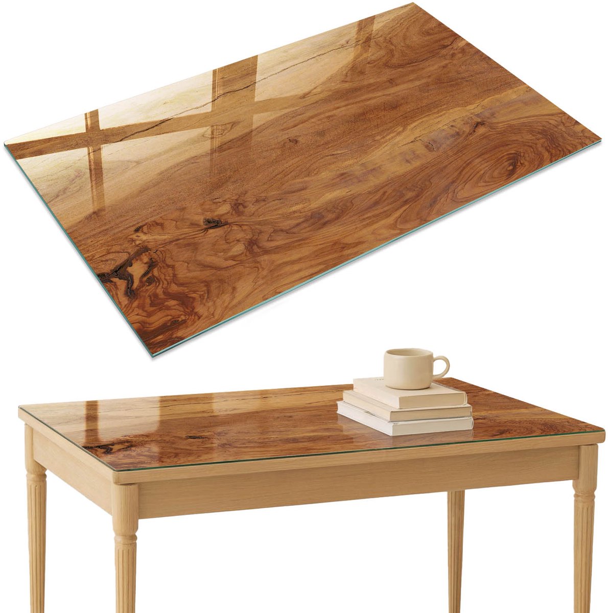 ArtPrintCave Houten ringen Glazen Tafelblad 120x80 cm - Tafelblad Rechthoek - Bruin Glasplaat - Natuur Keukentafel