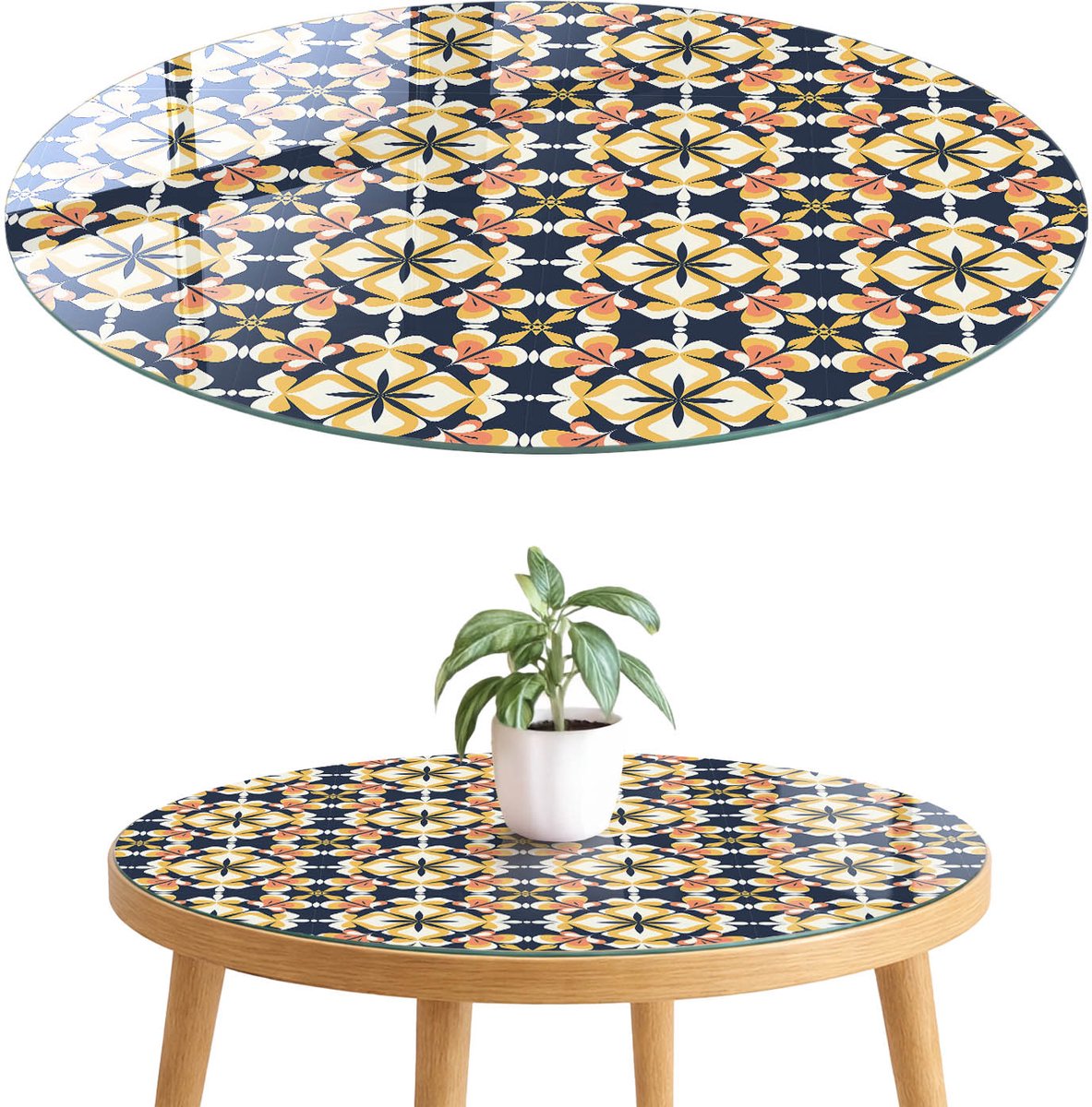 ArtPrintCave Bloemsymmetrie Glazen Tafelblad fi70 cm - Tafelblad Rond - Geel Glasplaat - Achtergronden en patronen Glasplaat