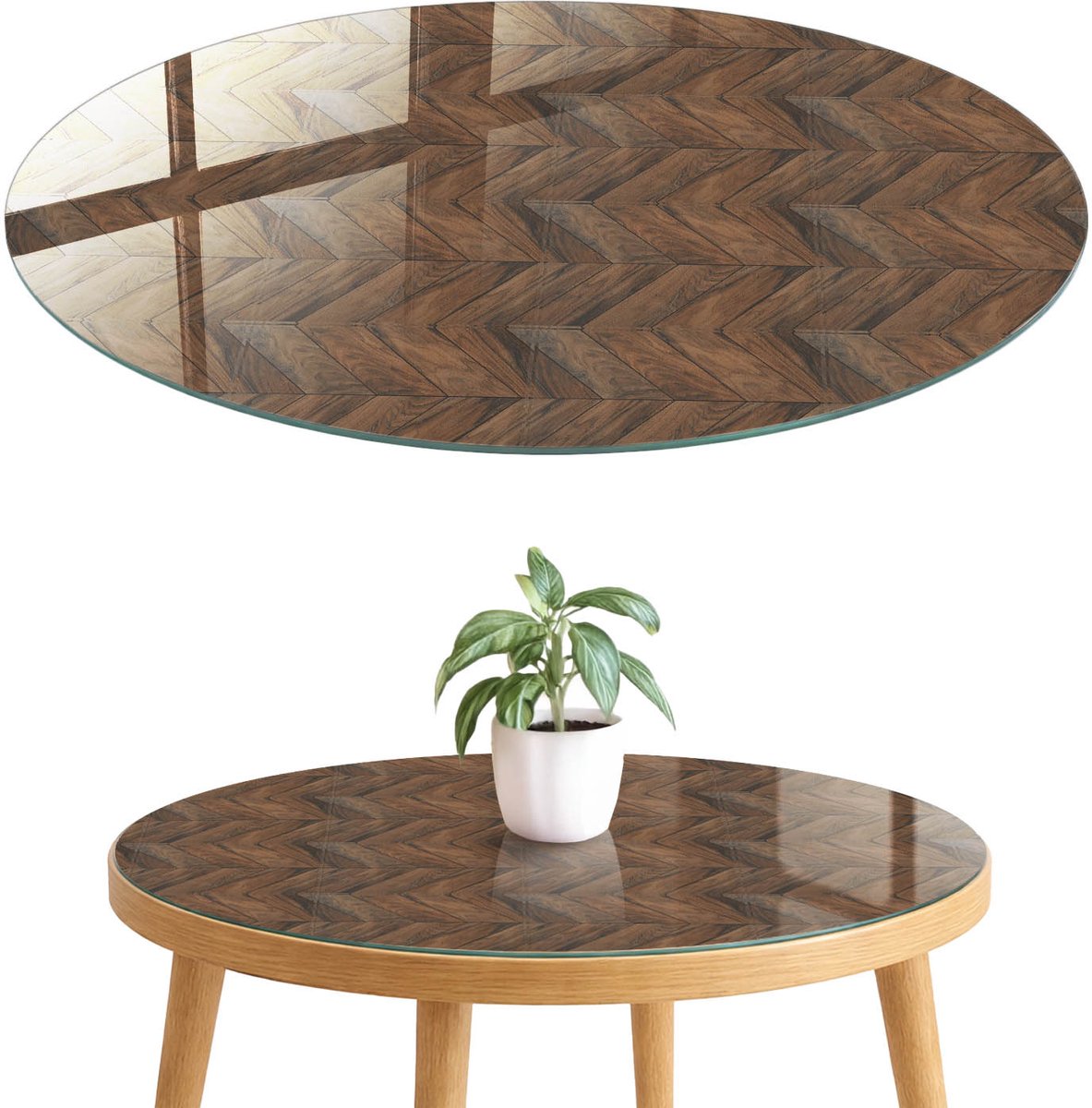 ArtPrintCave Visgraatparket Glazen Tafelblad fi70 cm - Tafelblad Rond - Bruin Terrastafel - Texturen Eettafel Met Glasplaat