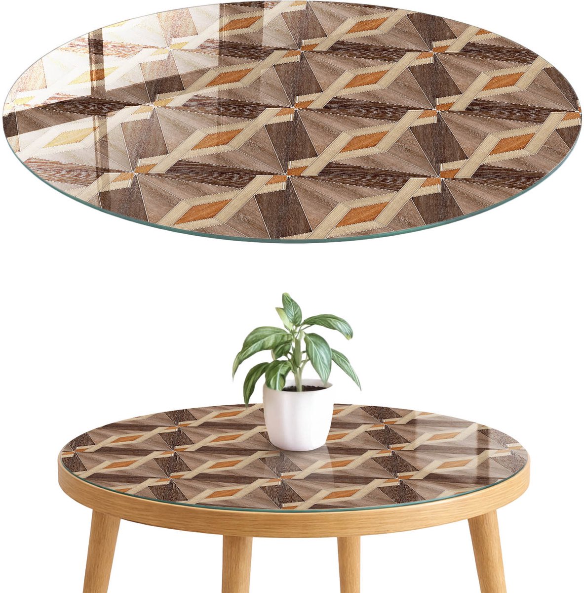 ArtPrintCave Geometrische mozaïek Glazen Tafelblad fi70 cm - Tafelblad Rond - Bruin Keukentafel - Geometrie Bureaublad