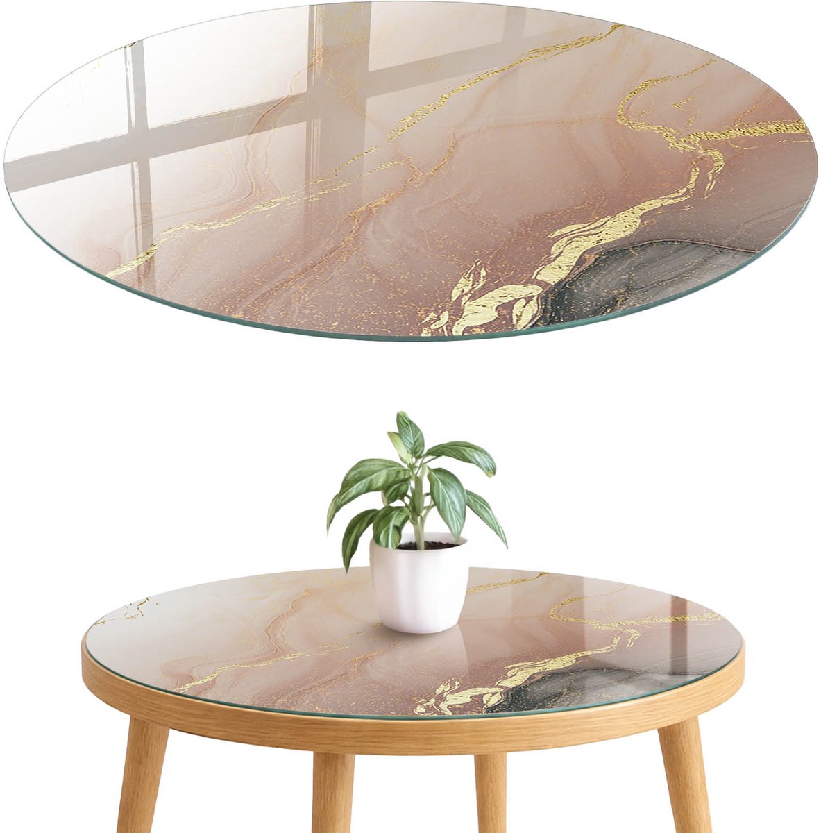 ArtPrintCave Abstracte elegantie Glazen Tafelblad fi70 cm - Tafelblad Rond - Beige Glazen Eettafel - Abstractie Terrastafel