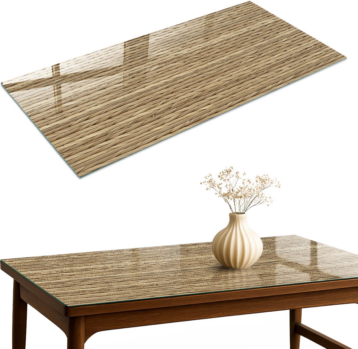 ArtPrintCave Vlechtpatroon Glazen Tafelblad 140x70 cm - Tafelblad Rechthoek - Beige Keukentafel - Texturen Eettafel Met Glasplaat