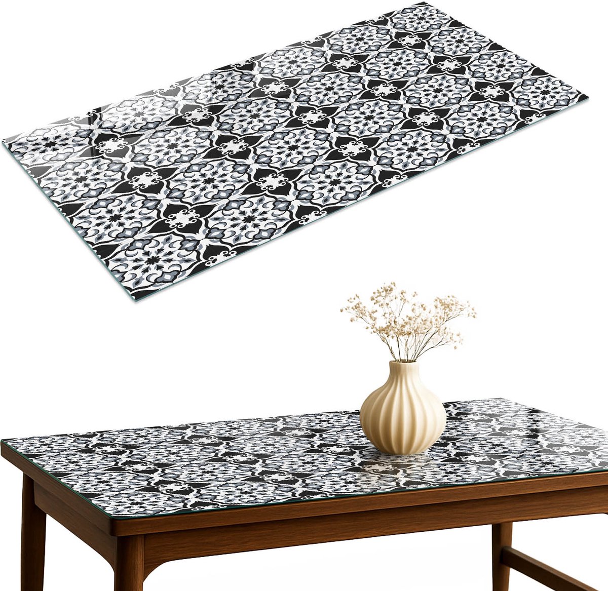 ArtPrintCave Zwart-wit symmetrie Glazen Tafelblad 120x60 cm - Tafelblad Rechthoek - Zwart Glasplaat - Achtergronden en patronen Keukentafel