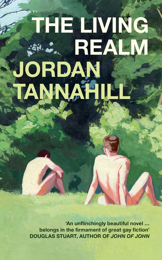 Boekomslag met de titel "THE LIVING REALM" door JORDAN TANNAHILL. Twee naakte mannen zitten in een grasrijk landschap met veel groen.