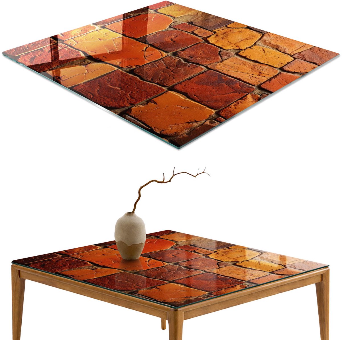 ArtPrintCave Mozaïek van steen Glazen Tafelblad - 50x50 cm - Tafelblad Vierkanten - Oranje Eettafel Met Glasplaat - Texturen Bureaublad