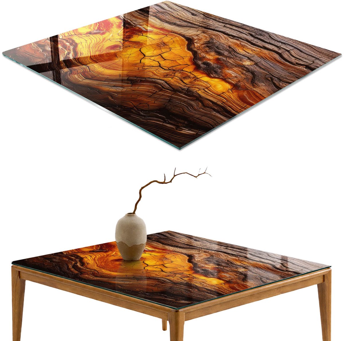 ArtPrintCave Rijk hout Glazen Tafelblad 60x60 cm - Tafelblad Rechthoek - Oranje Bureaublad - Texturen Terrastafel
