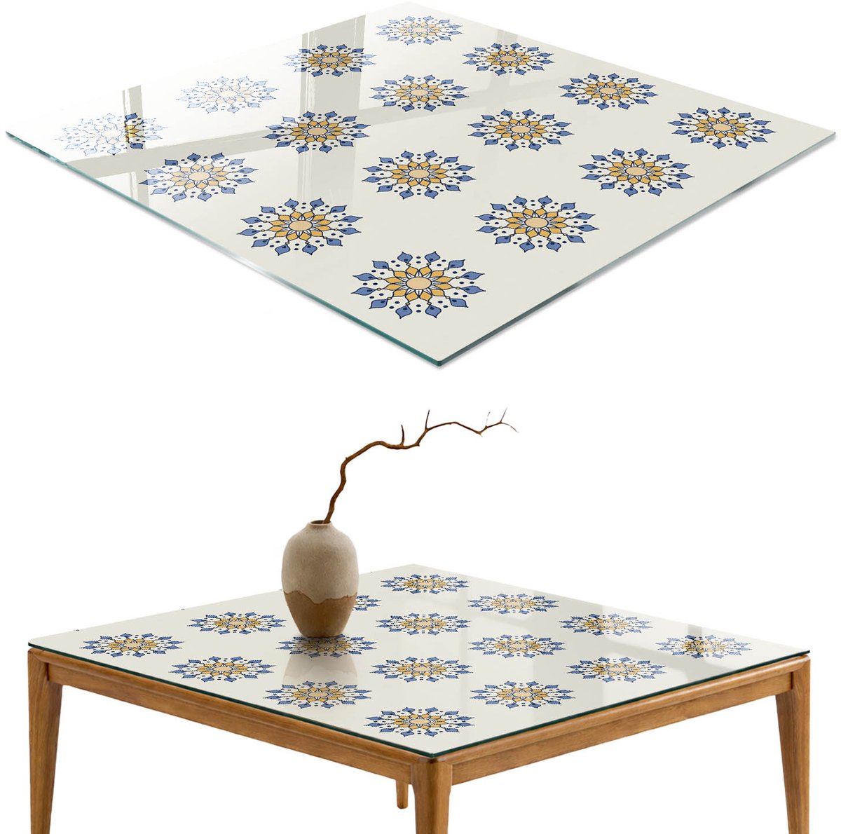ArtPrintCave Symmetrische mandala's Glazen Tafelblad - 50x50 cm - Tafelblad Vierkanten - Beige Keukentafel - Achtergronden en patronen Keukentafel