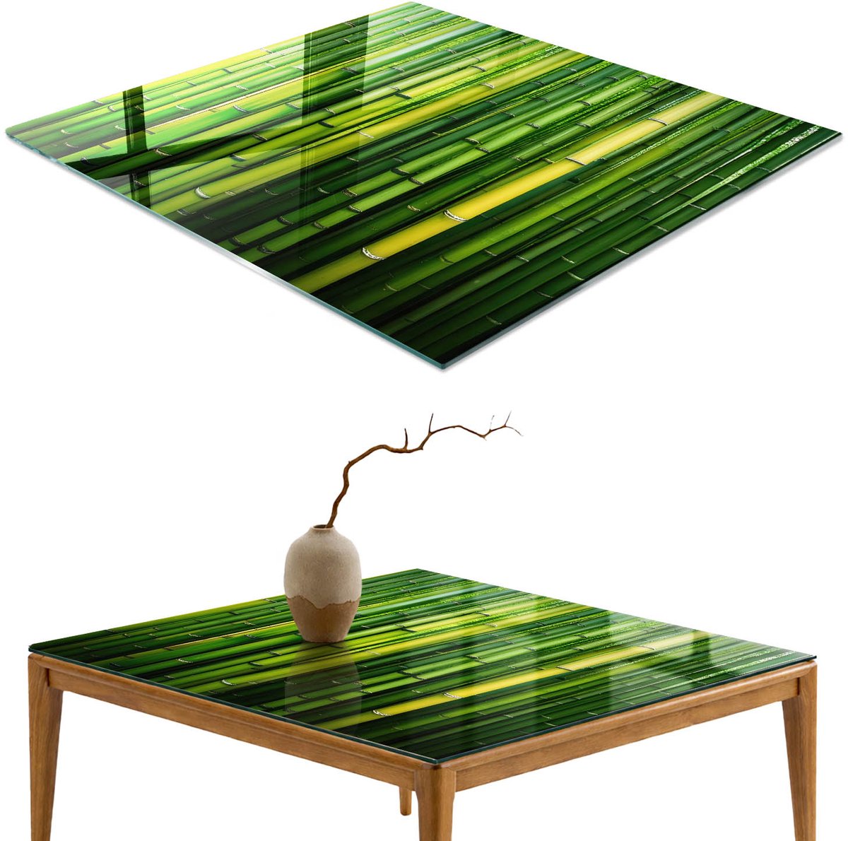 ArtPrintCave Groene bamboe Glazen Tafelblad - 50x50 cm - Tafelblad Vierkanten - Groente Glazen Eettafel - Natuur Glasplaat