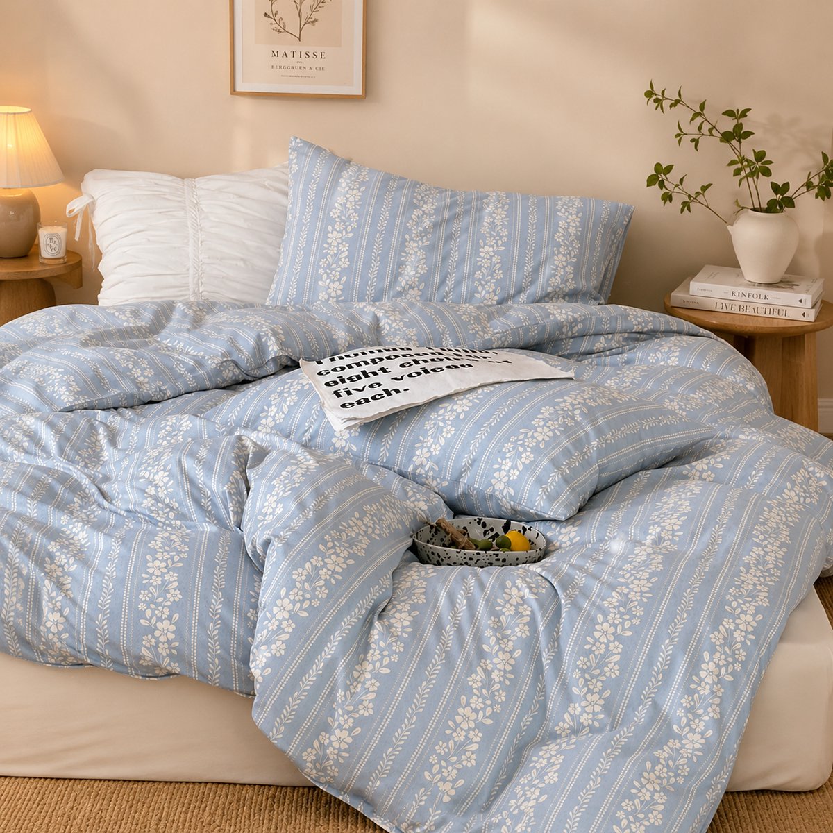 Dekbedovertrekset 135x200 cm blauw wit bloemen bladeren omkeerbaar beddengoed voor allergiepatiënten, OEKO-TEX met ritssluiting en 1 kussensloop 80x80