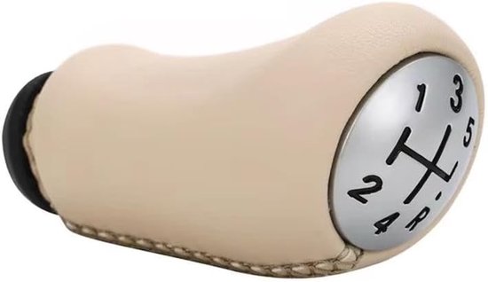 Beige pookknop met versnellingsindicator (1-2-3-4-R) en beige stiksels, zijaanzicht.