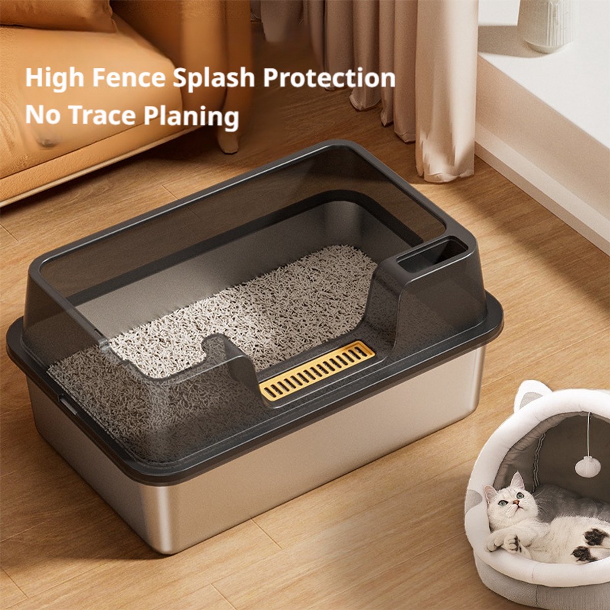 GYW Steel Litter Box- Kattenbak - Roestvrijstalen Bak - Spatbescherming - Anti-Slip Pads