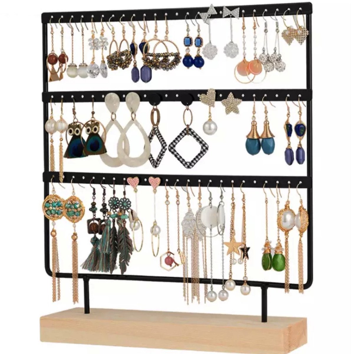 Fliex - sieradenrek - Oorbellen Display Staand – Zwart Metalen Oorbellenrek met Houten Voet – Sieradenhouder voor 120 Paar Oorbellen – 30,5 x 27 x 6,5 cm
