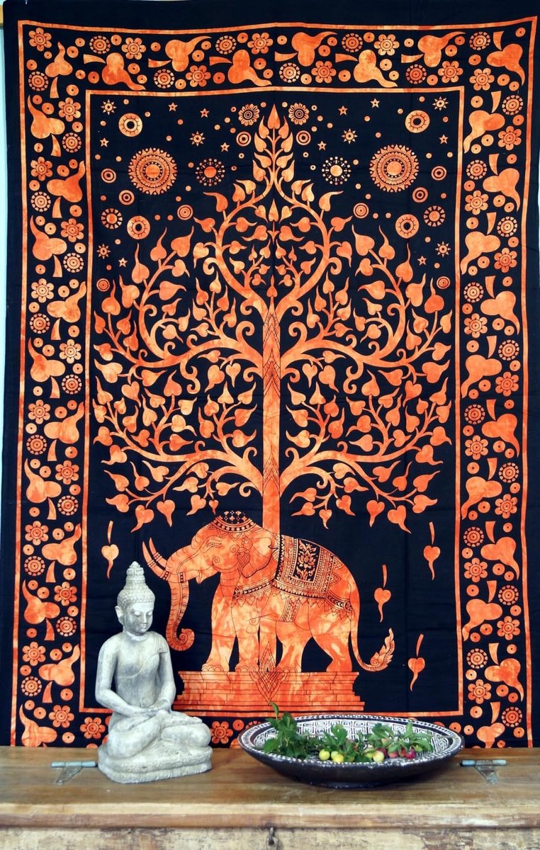 Omgoods - Guru-Shop Indiase Wanddoek, Batik Bedsprei - Tree of Life Olifant/Oranje