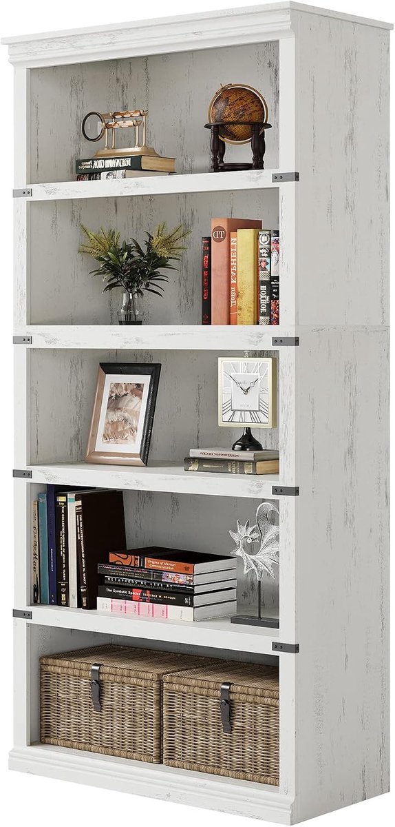 Smalle Boekenkast met 5 Vakken - Landelijke Vakkenkast - Houten Open Opbergkast - Boekenrek met Kroonlijst en Anti-omvalbeveiliging - Ruimtebesparend - 82x32x171 cm - Wit