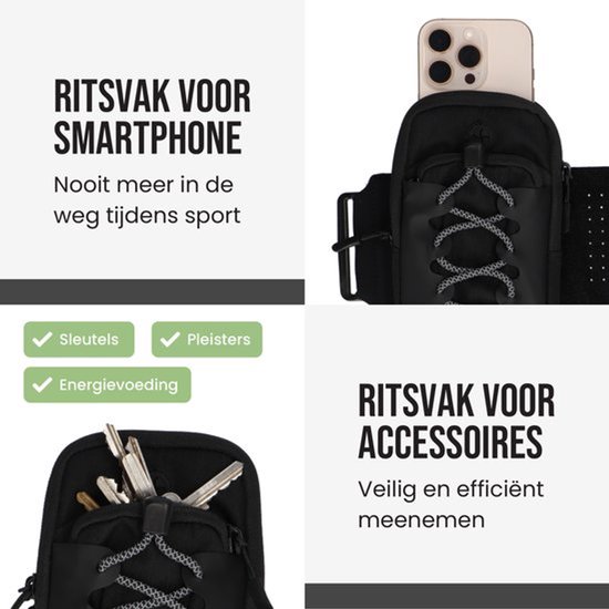 Zwarte sportarmband met ritssluiting voor telefoon en sleutels, met icoontjes voor smartphone, sleutels, pleisters en energierepen.
