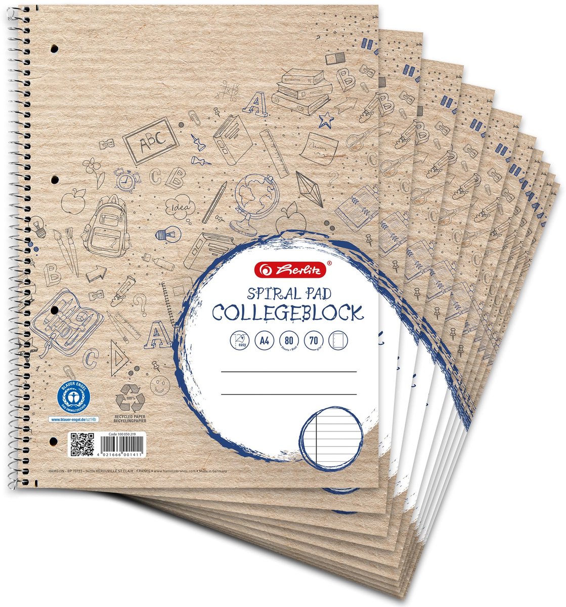Omgoods - Landre College Block A4 - 80 vellen, gerecycled papier, 10 stuks
