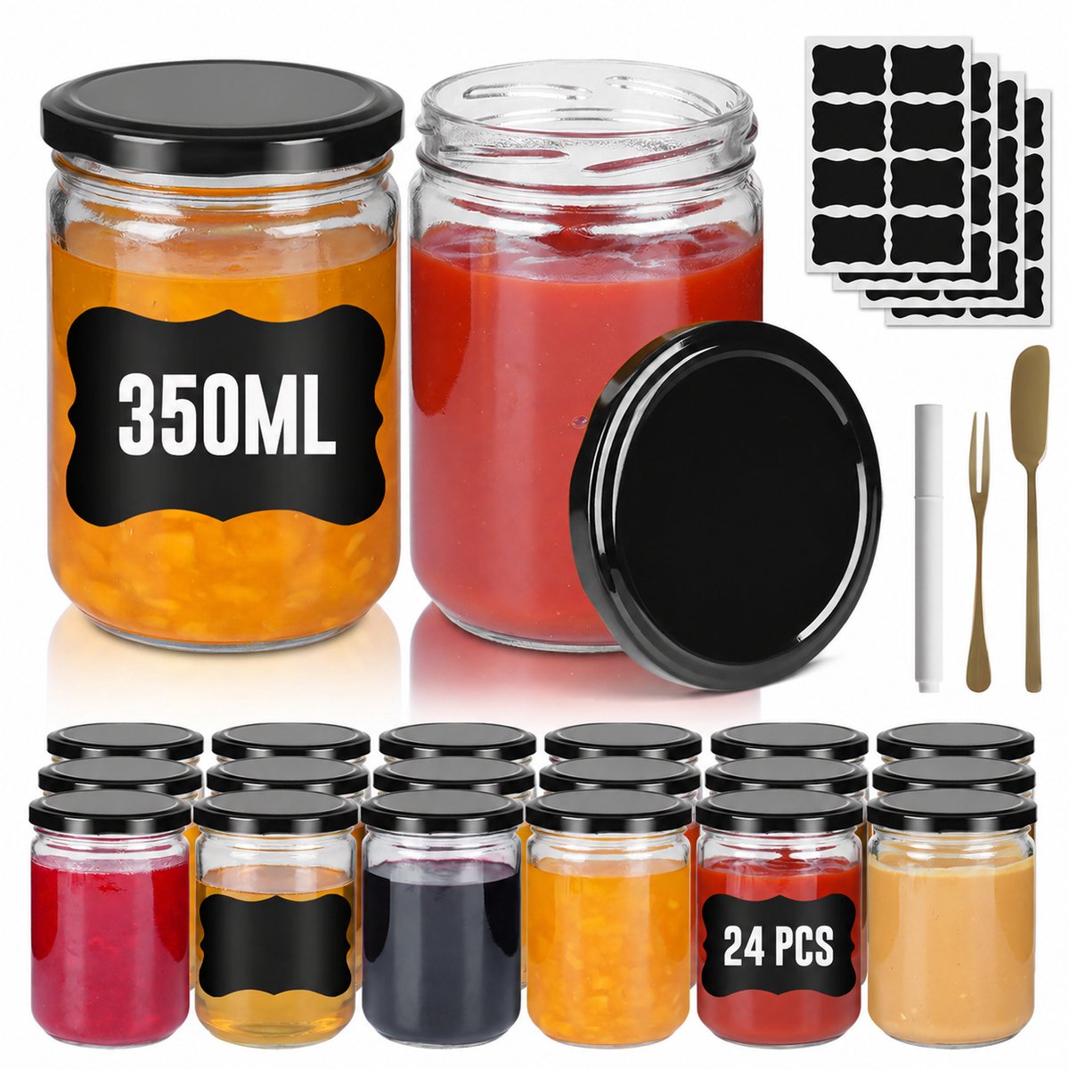 Mini Weckpotten Set 24 stuks 350 ml - Rond Transparant Glas met Metalen Deksel - Luchtdichte Mason Jar voor Honing, Kruiden en Marmelade - Zwart - NAIZY