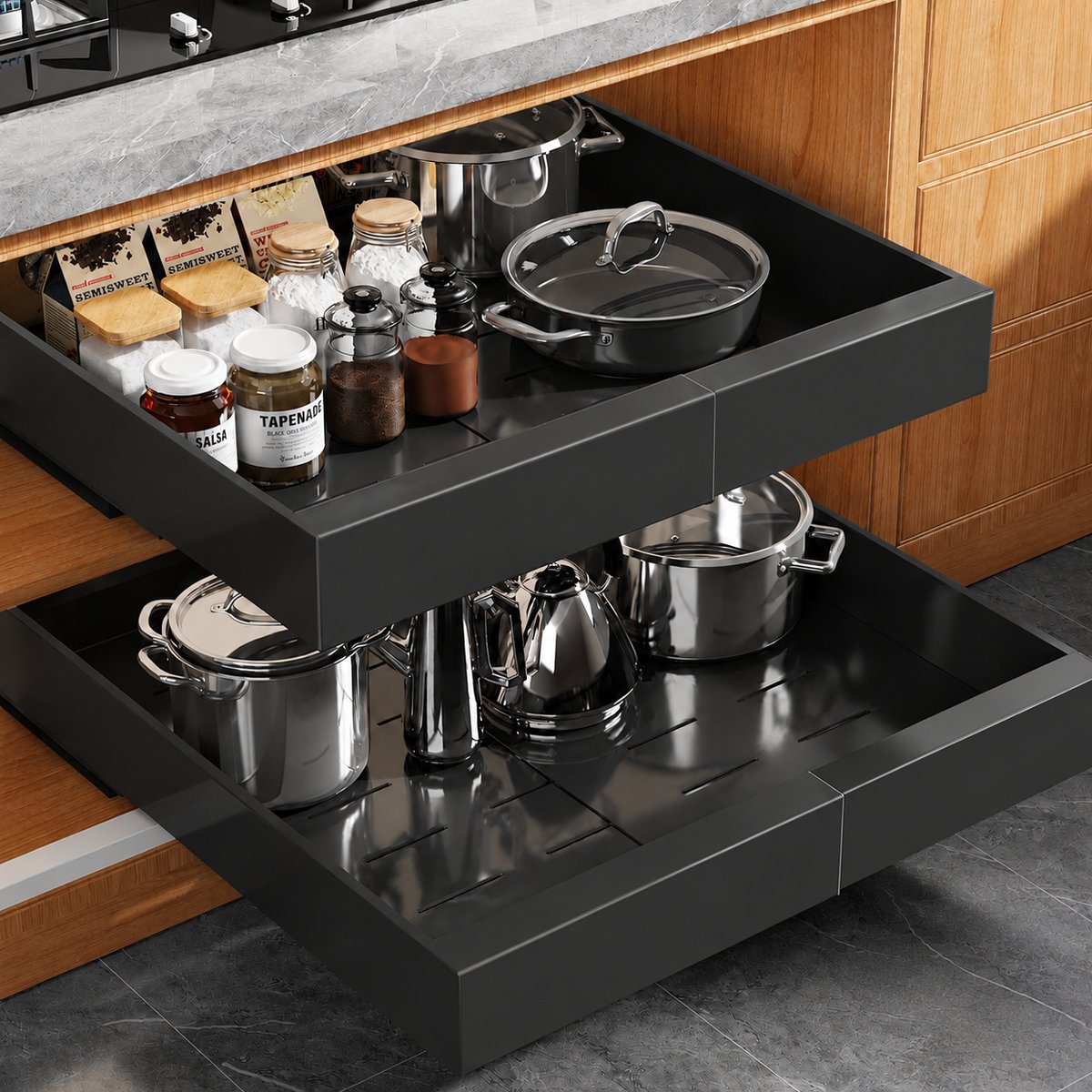 Joyage Schuiflades keukenkast Organizer – Verstelbaar 32-52 cm – Zwart - Zonder boren - Keukenkast Lades - Keuken Organizers - Kitchen Organizer - Lade Organizer Kast - Under sink Organizer - Gootsteenkast Organizer - Keukenrek - Badkamer organizer