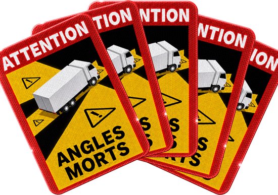 Stapel van vier rode 'Angles Morts' stickers met vrachtwagen.