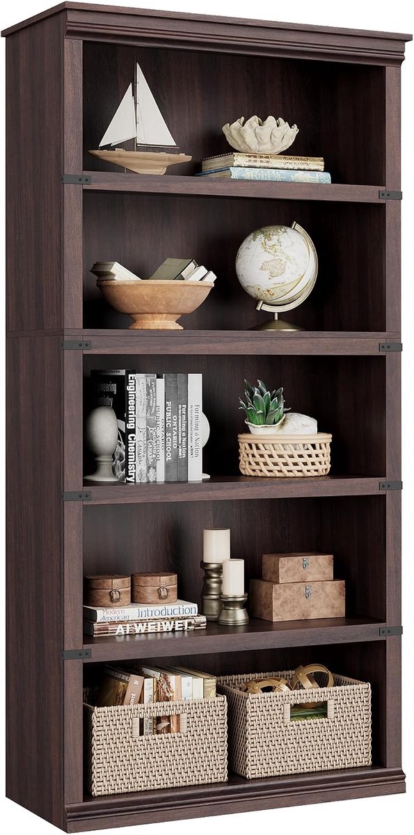 Houten Boekenkast met 5 Vakken - Landelijke Vakkenkast - Open Opbergkast Rustiek - Boekenrek met Massief Houten Frame - Met Anti-omvalbeveiliging - 80x32x171 cm - donker kersenrood