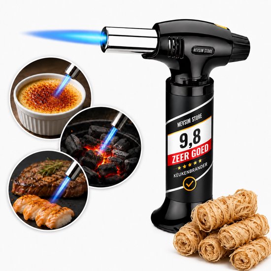 Torche de cuisine noire avec flamme bleue, montrant la caramélisation de crème brûlée, du charbon incandescent, la saisie de steak et la finition de sushi. Pile d'allume-feux à côté.