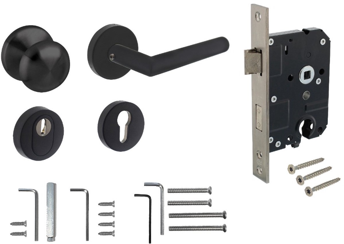 Intersteel Set voordeurbeslag rond: deurkruk Jura op rozet, voordeurknop, SKG2 slot pc55, SKG3 rozetten, structuur zwart
