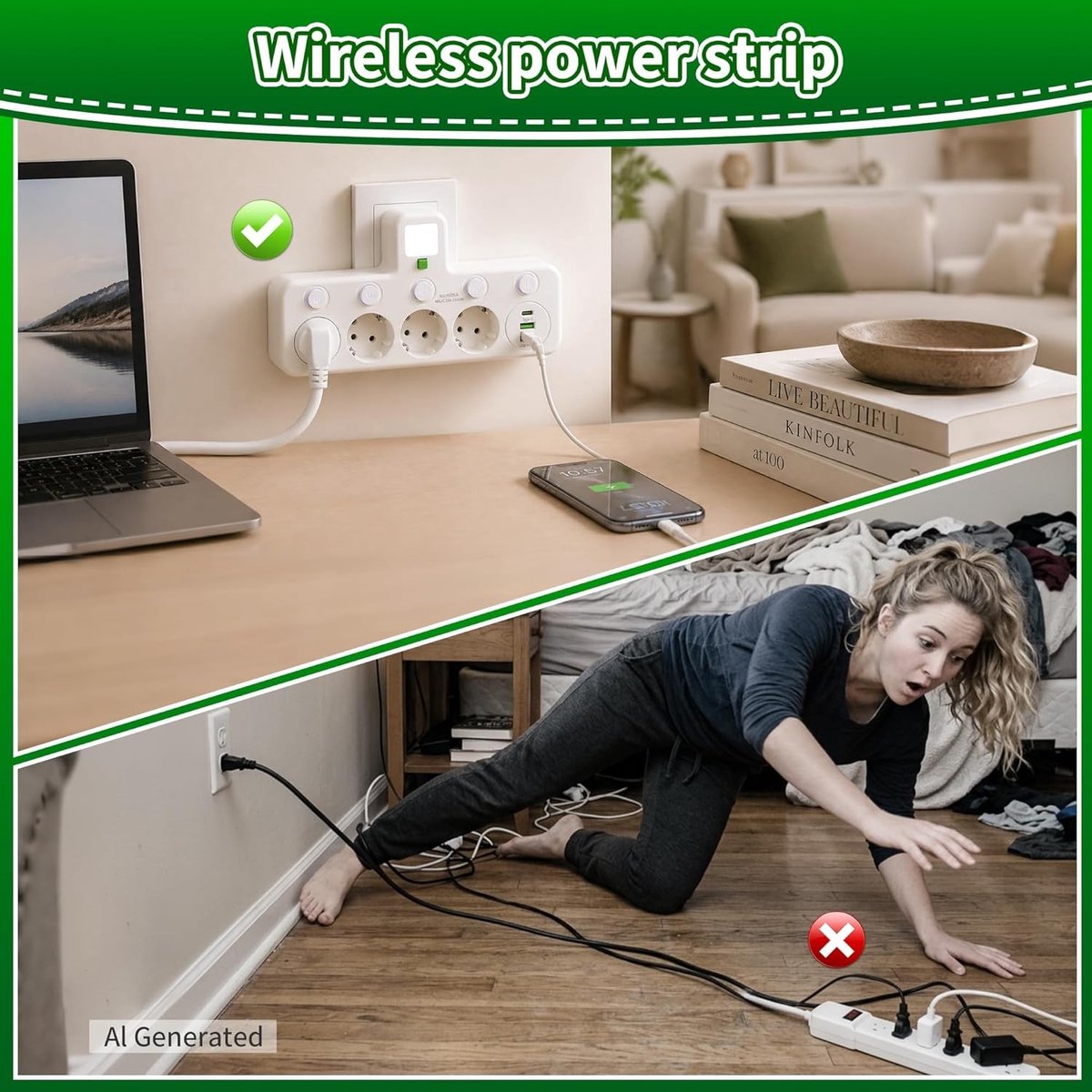 Draadloze Stekkerdoos met USB-nachtlampje - Wit - 4 Stopcontacten + 1 Type C + 2 USB - Voor Thuis en Kantoor